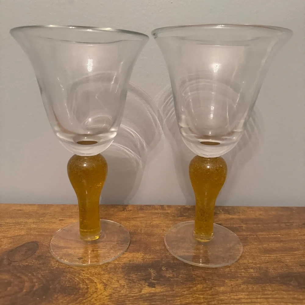 Vintage Amber Bubble‎ Stem Art Glass Wine Goblets Clear Bowl Set Of 2 Retro MCM